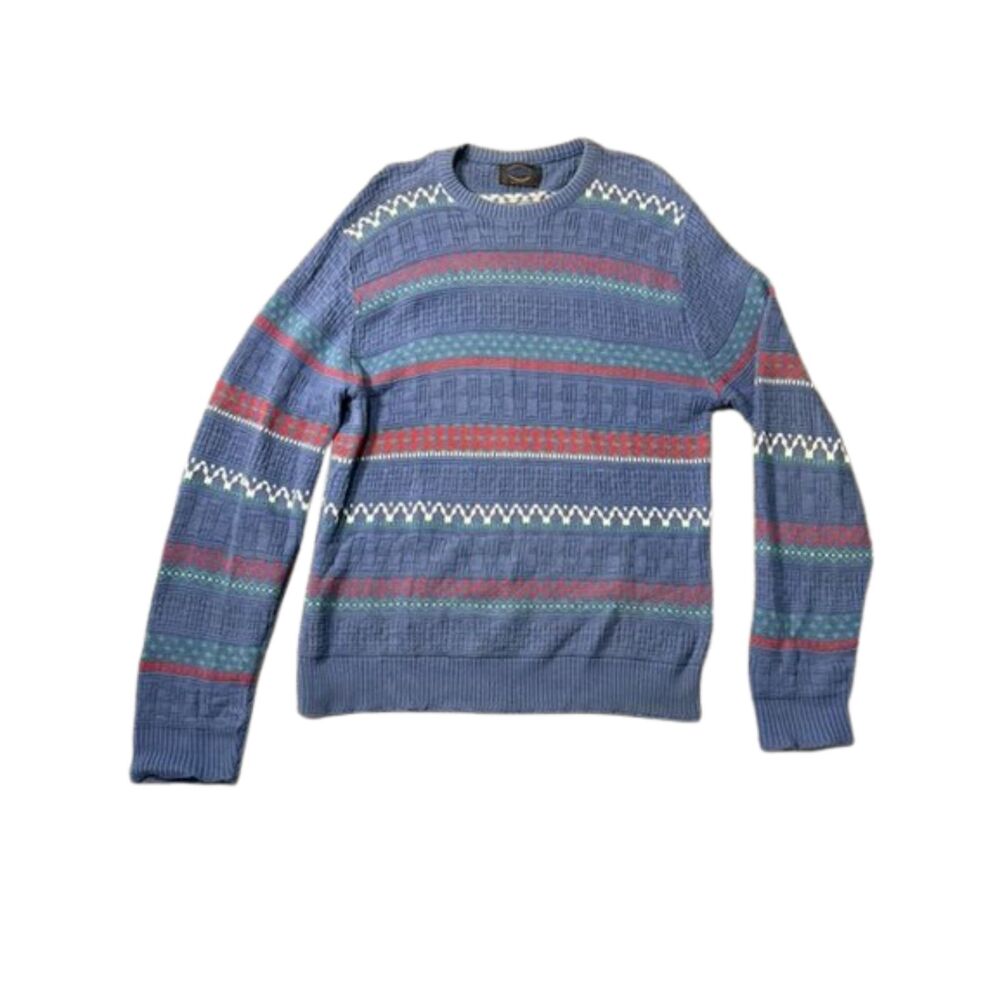 Vintage Jantzen USA Sweater Mens L Blue Geometric Knit Crewneck 80s 90s Made USA